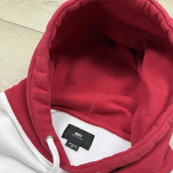 Obey Worldwide Pullover Hoodie White Red Hood Fleece Lined Men Sz M Y2K Relaxed - Picture 3 of 9